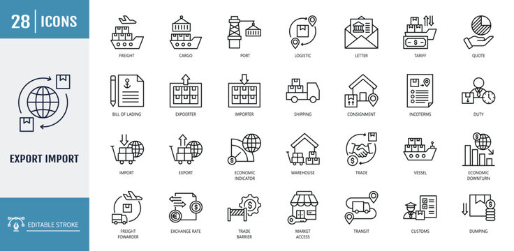 Export import icon set. Icons related to supply chain, trade, customs, tariff, freight, logistic, cargo. Outline icon set. Vector illustration with editable stroke