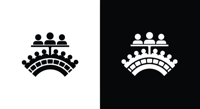 A split screen graphic shows a crowd of people seated in an arched amphitheater contrasting black and white