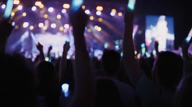 Excited crowd cheering and waving glowing light sticks at music concert