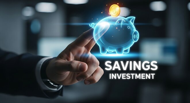 Savings and investment concept. A financial manager's hand touches a holographic piggy bank, causing a virtual coin to drop inside, symbolizing savings.