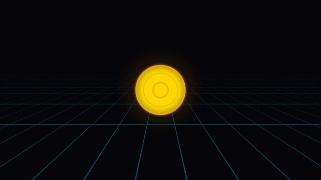 Rotating Glowing Golden Coin On Dark Futuristic Wireframe Grid Background