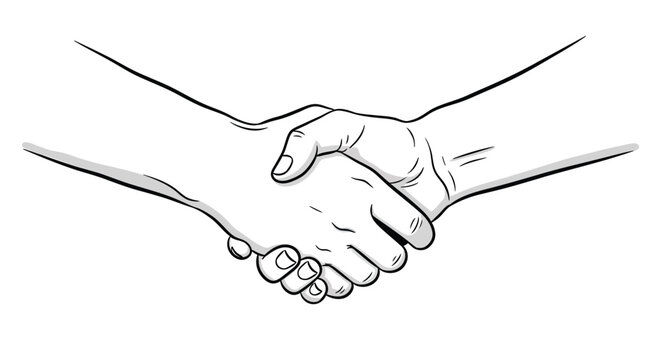 A simple black and white line drawing depicts two hands firmly shaking in a gesture of agreement