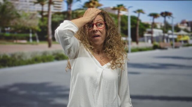 Woman with hand on forehead and red glasses holding a startled expression on a sunny coastal street promenade with palm trees and benches; surprise forgetfulness.
