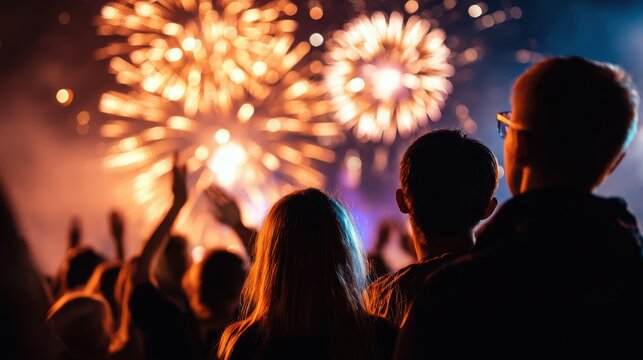 Crowd of people watching colorful fireworks display at night during a festive celebration with bright lights illuminating the sky