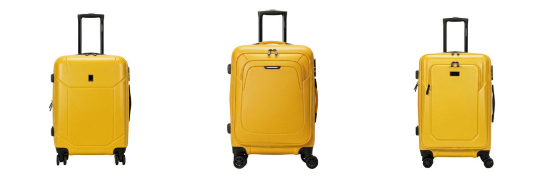Realistic Yellow Hard Shell Suitcase Set with Wheels Isolated on White Background, Modern Plastic Travel Luggage Collection for Vacation and Tourism, 3D Rendering Travel Elements