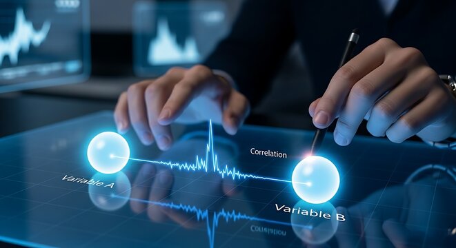 Data correlation concept. An analyst's hands connect two large dots on a hologram with a straight line, representing the correlation between two variables simply.