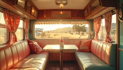 Obraz premium Cozy Vintage Caravan Interior with Scenic Landscape View.