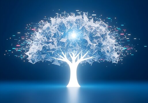 Abstract glowing digital tree with data particles exploding outwards, representing artificial intelligence and futuristic technology against a dark blue background.