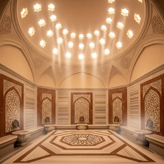 Fototapeta premium Elegant luxury hammam interior with ornate mosaic tiles and warm ambient lighting
