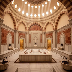 Fototapeta premium Luxurious traditional hammam interior with ornate marble and soft ambient lighting