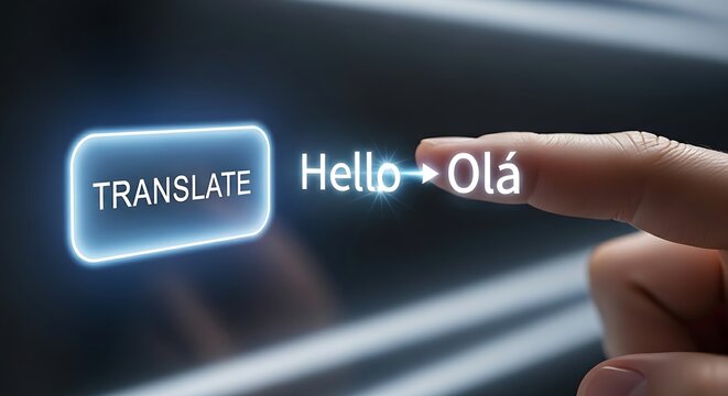 Translation service concept. Close-up of a finger pressing a 'translate' button on a hologram. The word 'Hello' next to it instantly transforms into 'Ol&aacute;'.
