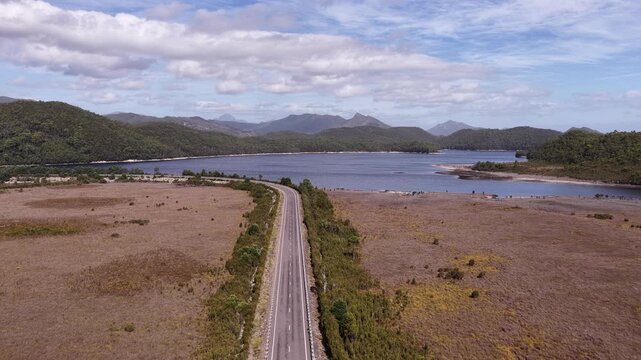 Lyell highway to Bradshaw bridge across Burbury lake in Tasmania travel destination.
