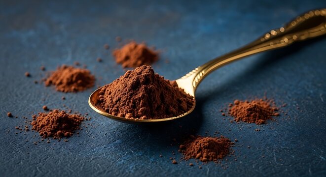 Close-up of golden spoon filled with dark powder, scattered piles on a textured blue surface