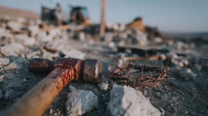 Fototapeta premium Symbolic somber still life on dusty Calvary ground depicting a heavy wooden mallet, three long hand-forged iron spikes, and a discarded interwoven crown of thorns — the instruments of the Crucifixion