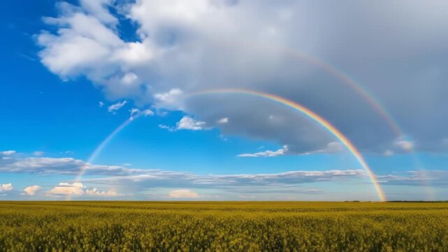 Double Rainbow over Yellow Field and Blue Sky Scenic Landscape