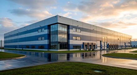 Obraz premium Large blue and white industrial building with glass facade at sunset warehouse