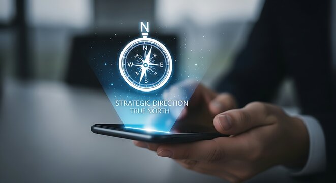 Strategic direction concept. A professional holds a smartphone that projects a hologram of a compass, with the needle pointing firmly North, symbolizing 'true north'.