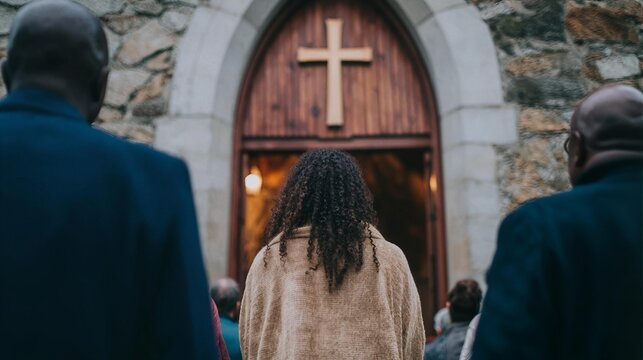 Candid architectural photo of the welcoming entrance of a modern church featuring a woman standing between two suited men at the center of three pairs of tall wooden double doors, each door featuring