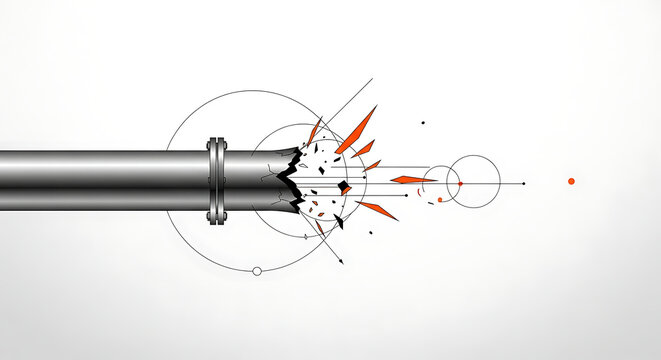 a breaking pipe bursting open with orange shards and abstract lines symbolizing system failure disruption and engineering breakdown.