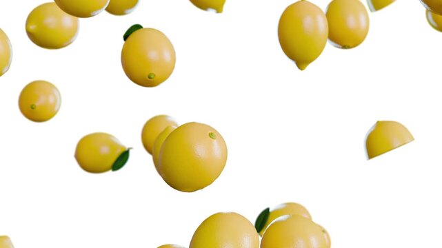 Falling fresh lemons on white background, seamless slow motion loop