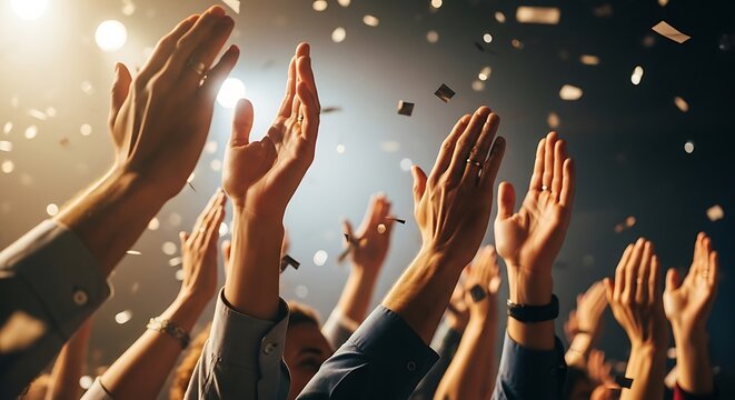 Close-up of raised hands clapping amidst falling confetti, lit by spotlight
