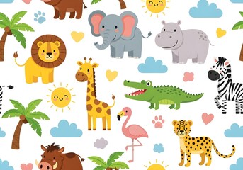 Fototapeta premium Cute cartoon safari animals like elephants, lions, and giraffes playfully arranged in a vibrant, colorful pattern against a white background.