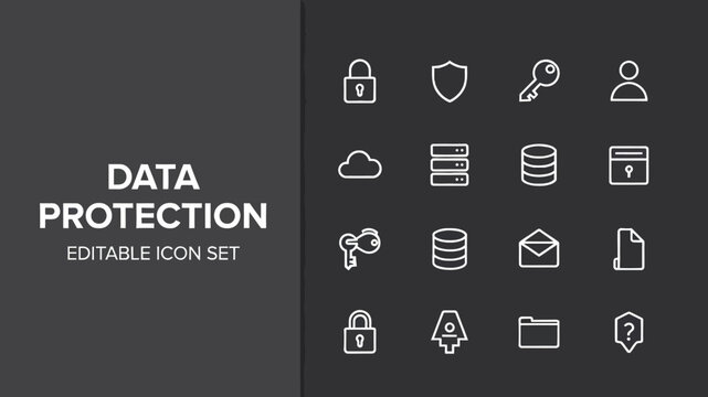 A concise selection of white outline data protection icons on a minimalist dark grey background.