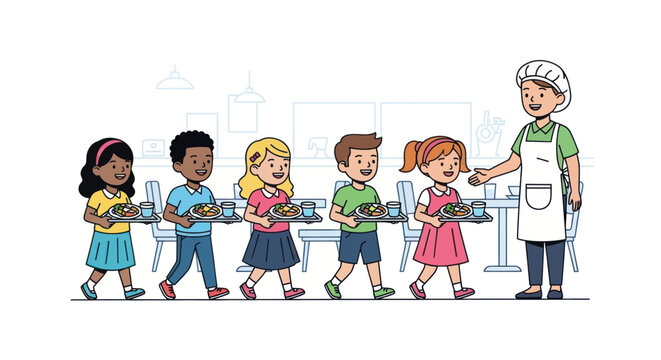 Children line up for lunch at school cafeteria with friendly server