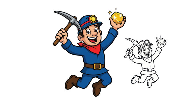 Happy Miner Jumps Holding Gold Nugget and Pickaxe