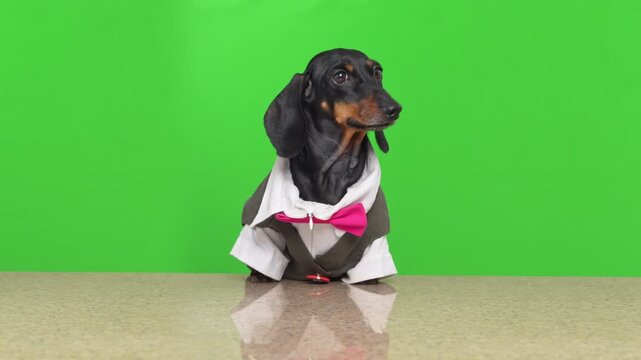A dachshund dog dressed as a bartender in dark vest, white shirt and pink bow tie sits on a counter against green chromakey background, pet fashion concept.