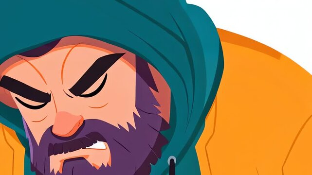 angry bearded man in orange jacket and teal hoodie showing fists in cartoon style