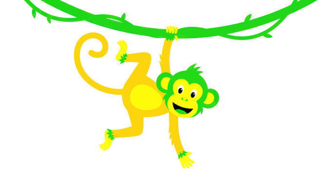 Cute cartoon monkey hanging from a vine, jungle animal illustration, playful and happy character