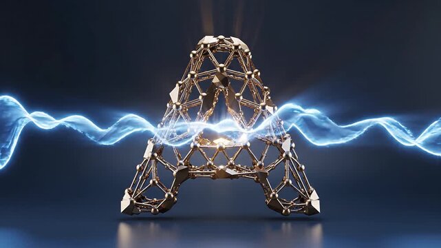 Abstract render of a golden geometric letter A transmitting blue energy waves