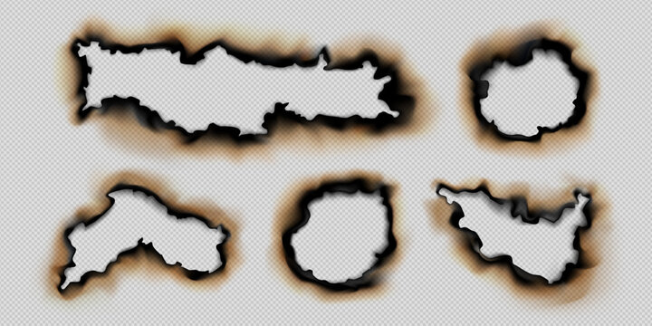 set of realistic effects of burnt and burning paper on a transparent background