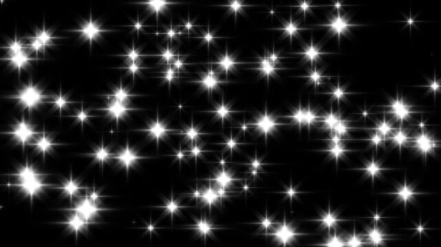 Falling glitter stars animation, white sparkling particle rain, magic stardust overlay, black background 4k, glowing bokeh lights, festive celebration confetti effect, cinematic sparkle motion