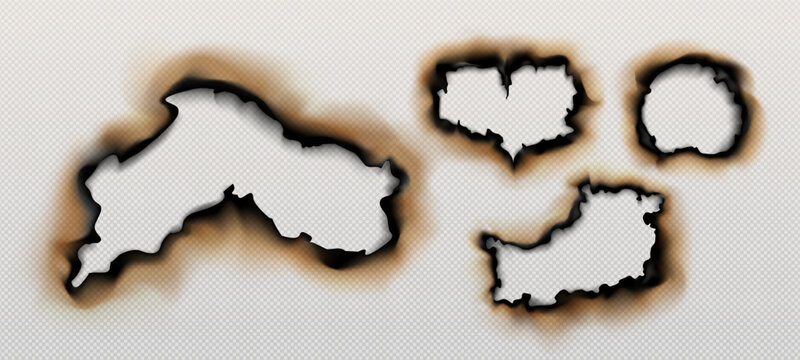 set of realistic effects of burnt and burning paper on a transparent background