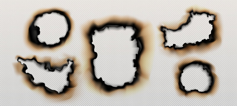 set of realistic effects of burnt and burning paper on a transparent background