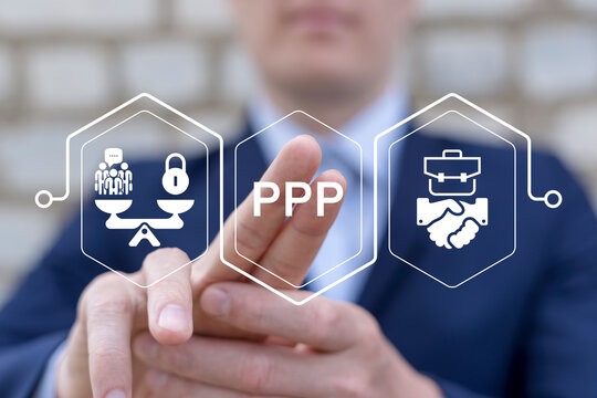 Concept of PPP Public Private Partnership. Business person using virtual touch screen presses the abbreviation PPP.