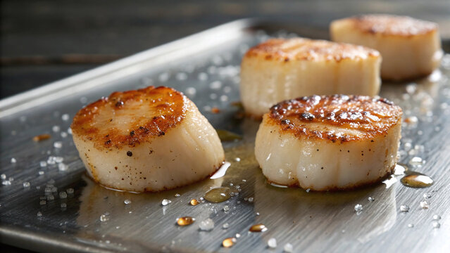 Photorealistic macro seared scallops with caramelized crust and glossy butter glaze, detailed texture seafood closeup

