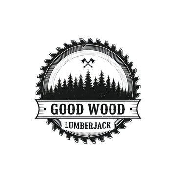 a monochromatic vector vintage badge logo featuring a dense pine forest framed by a saw blade, crossed axes, and 'good wood lumberjack' text on a transparent background. concept for timber industry