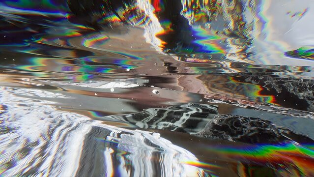 Abstract holographic prism texture with chromatic aberration and liquid motion effect.
