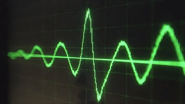 Green sound wave on an oscilloscope screen, illustrating audio signal fluctuations.
