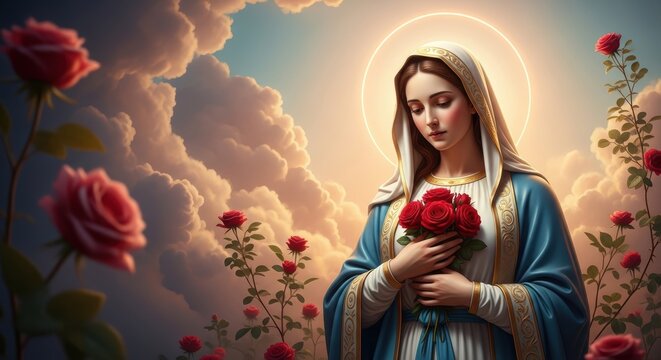 Virgin Mary Surrounded by Roses in Divine Light.
