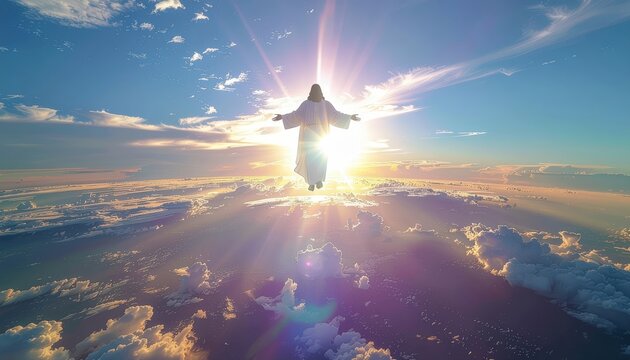 The divine figure ascends amidst a radiant sunrise over a sea of clouds