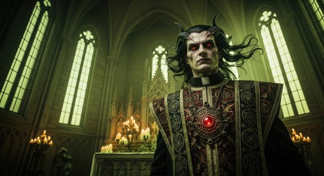 A foreboding portrait of a demonic priest standing within an ancient cathedral