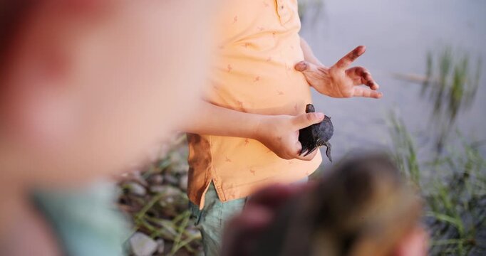 Child holding a small turtle by the water