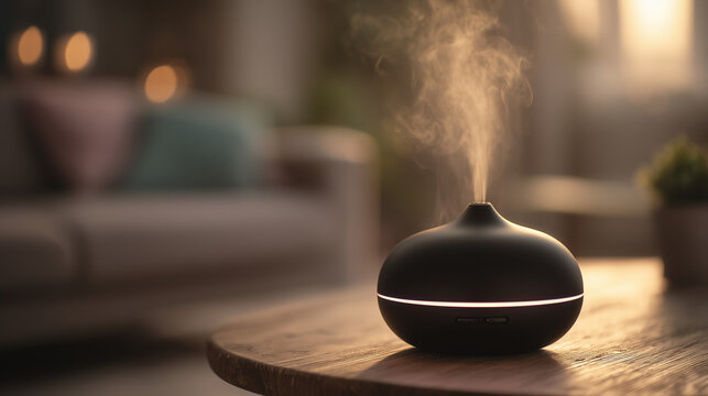 Black aroma diffuser releasing gentle mist on wooden table in cozy living room, warm soft light creating relaxing wellness atmosphere and home comfort.