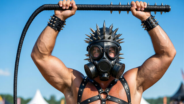 Muscular man wearing black gas mask and spiked leather headgear holding heavy bar above head