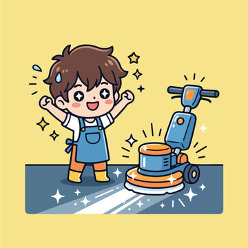 Boy using floor polisher machine.