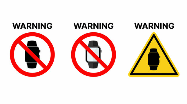 Set of graphical warning and prohibition signs for smartwatches, emphasizing safety and restricted usage of modern wearable digital technology